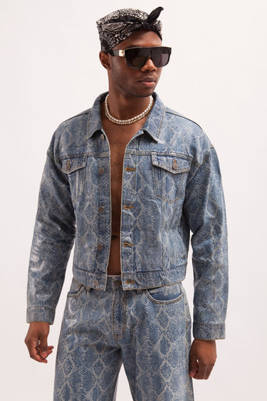 HURRICANE- SNAKE SKIN LASER PRINTED CROPPED TRUCKER JACKET WITH SEE THROUGH COATING