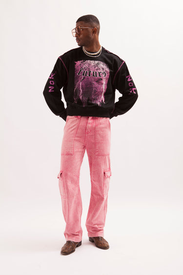 I WANNA BE UP- ACID WASH GARMENT DYE UTILITY LOOSE FIT CARGO PANTS