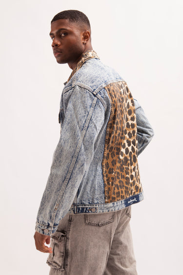 PSYCHO LOVER- VINTAGE WASH OVERSIZED DENIM TRUCKER JACKET WITH LEOPARD PRINTED PANNELS